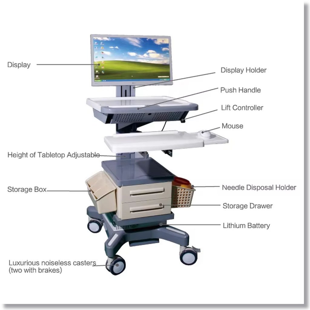 Hospital Furniture ABS Plastic Mobile Medical Workstation Trolley